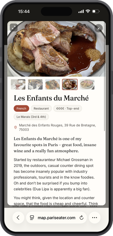 A restaurant review card in the Paris Eater map
